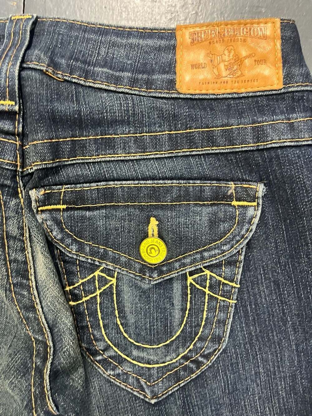 True Religion Women's Dark Wash Flare Jeans with Yellow Stitching, Size 28 - Picture 3 of 11